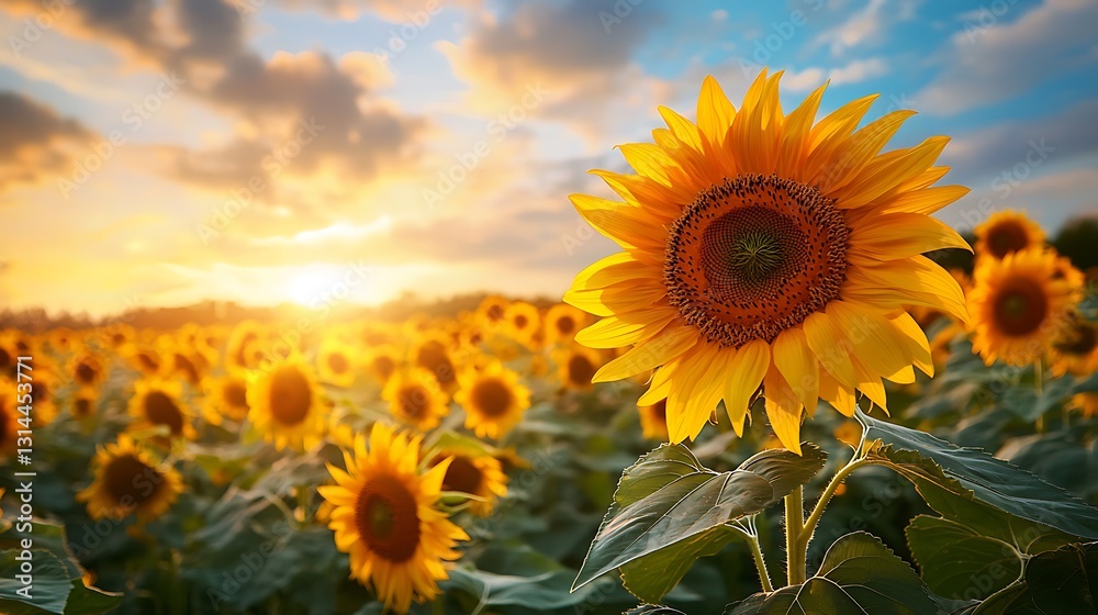Fototapeta premium Vibrant Sunflowers at Sunset Golden Field of Blossoms During Golden Hour