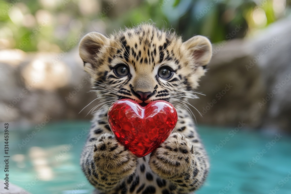 Obraz premium Cute leopard baby with diamond red heart on in a natural habitat. Promotion animal conceptual art. Leopard - my desired animal. Love in the animal kingdom. Animal love portrait. Loving animal.