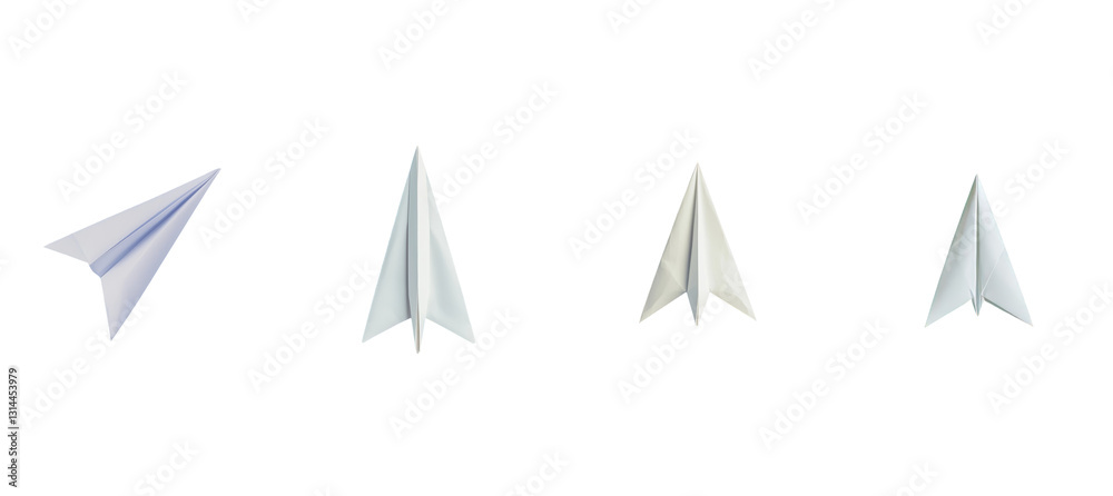 Fototapeta premium A paper airplane, placed on a blue background, exemplifies simplicity and creativity through its clean and minimalistic design, which accentuates the playful nature of the paper airplane