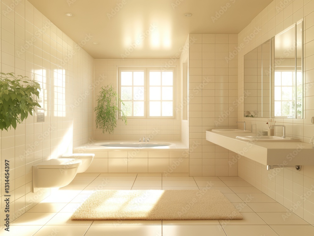 Fototapeta premium Bright and Spacious Modern Bathroom with Natural Light, Clean Lines, Fresh Plants, and Contemporary Fixtures for Relaxation and Well-being
