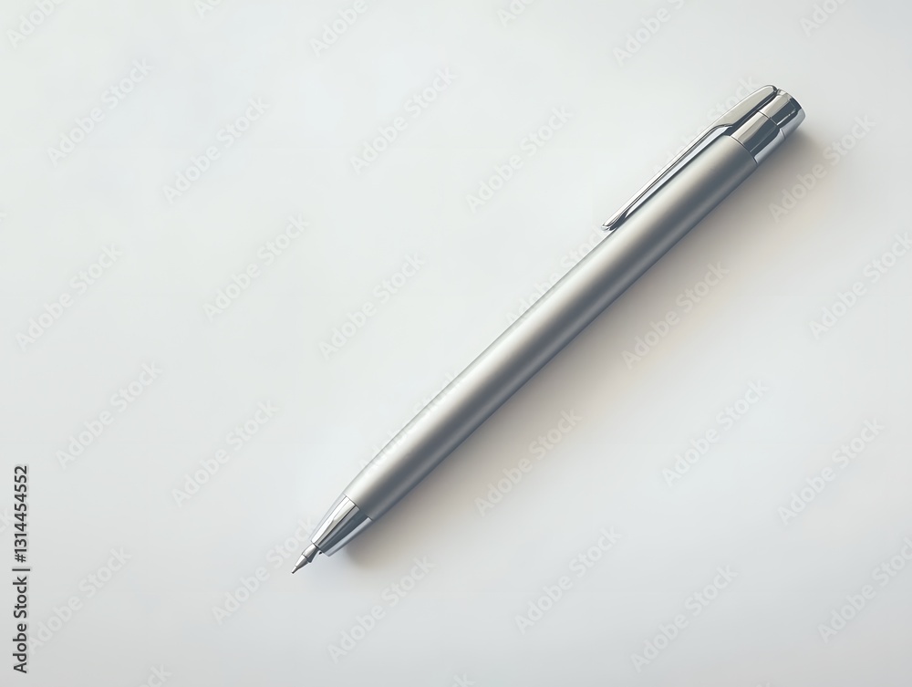 Sleek Silver Ballpoint Pen Placed Diagonally on a White Office Background Sleek Silver Ballpoint Pen Placed Diagonally on a White Office Background