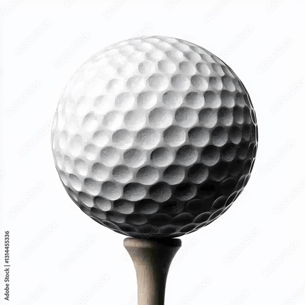Close-up on Golf Ball with Dimples Resting on Tee against White Background Close-up on Golf Ball with Dimples Resting on Tee against White Background