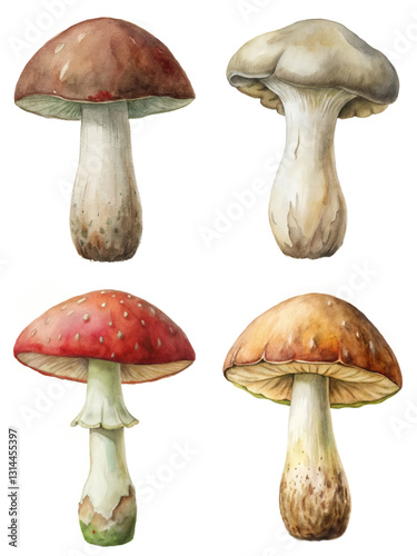 Watercolor mushroom illustration, detailed botanical art, nature study, edible fungi, artistic design.