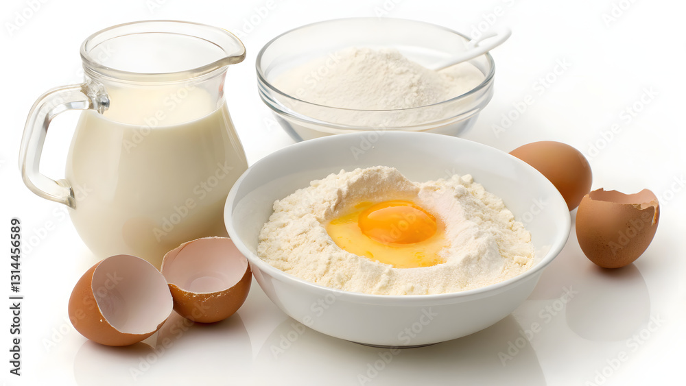 Ingredients for making pancakes, including flour, eggs, and milk, arranged white surface. pancake Shrove Tuesday Syrup Toppings Ingredients for making pancakes, including flour, eggs, and milk, arranged white surface. pancake Shrove Tuesday Syrup Toppings