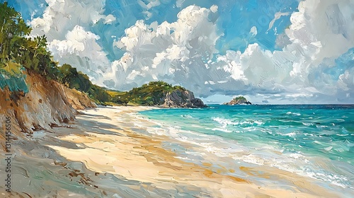 Serene Coastal Landscape Sandy Beach Turquoise Ocean Dramatic Cliffs and Fluffy Clouds