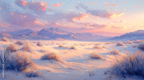 Serene Desert Landscape at Sunset Pastel Sky Snow Covered Sands and Distant Mountains