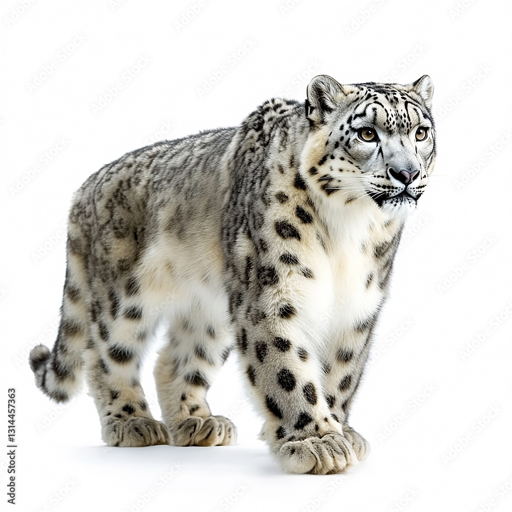 Naklejka premium Majestic snow leopard walking isolated on white background wildlife photography cat big cat fur eyes paws tail asia apex