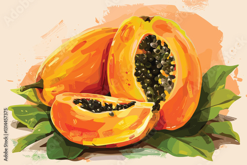 Watercolor Papaya Fruits. Hand drawn food illustration of pawpaw plant with abstract juicy orange splashes on isolated background.
