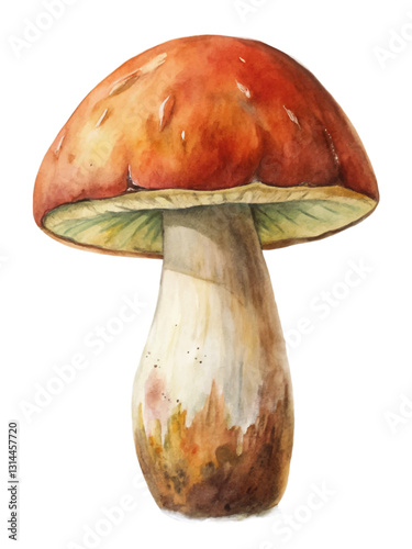 Watercolor mushroom illustration, vibrant colors, detailed texture, botanical art, nature-inspired design, food and foraging theme.