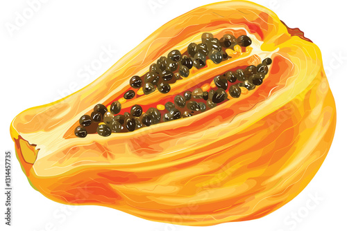 Watercolor Papaya Fruits. Hand drawn food illustration of pawpaw plant with abstract juicy orange splashes on isolated background.