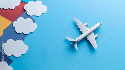 White Airplane Soaring Through a Vibrant Blue Sky with Fluffy White Clouds and a Diagonal Rainbow Accent in 3D Render