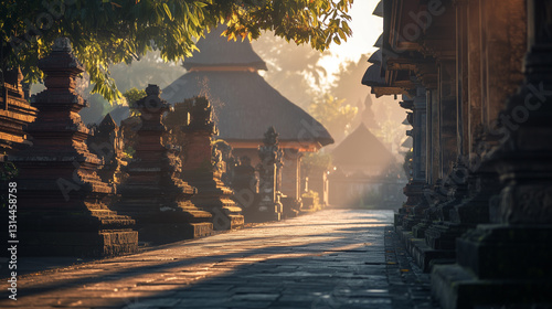 Nyepi Day in Bali, Indonesia, a deserted street with traditional Balinese temples in the background, the air serene and still, no movement or sound