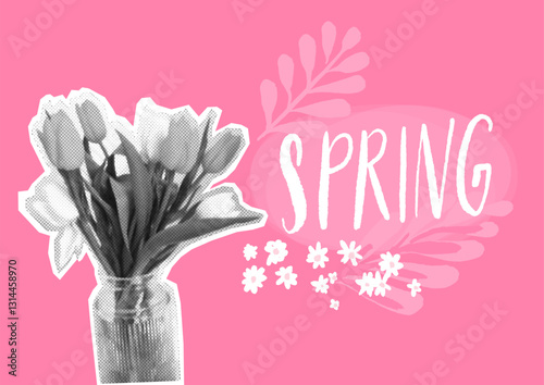 Spring collage poster, halftone tulips bouquet, pink paper background and handwritten spring text. Vector template of floral spring greeting card