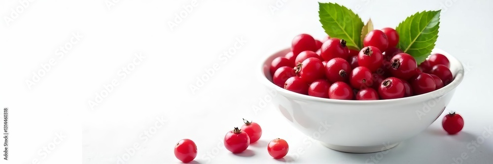 Bowl of fresh lingonberries with leaves on white background, fruit, healthy Bowl of fresh lingonberries with leaves on white background, fruit, healthy