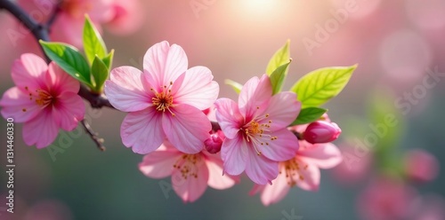 Pretty pink blossoms with soft green leaves cascading in a gentle flow, spring, elegant, illustration