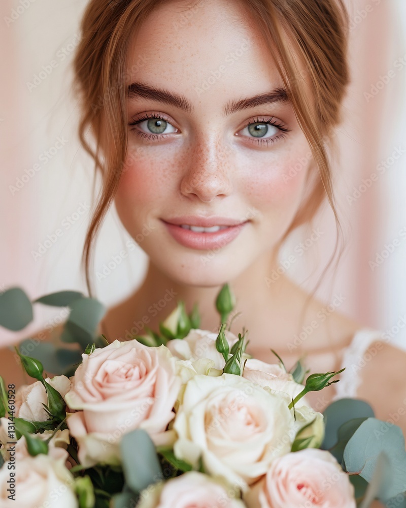 young woman holding pastel-colored roses in close-up shot young woman holding pastel-colored roses in close-up shot