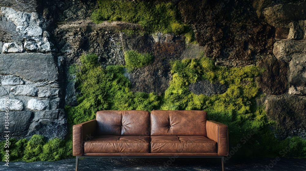 Fototapeta premium Rustic Haven Unfolds with Plush Leather Sofa Against Mossy Stone Wall in Serene Atmosphere