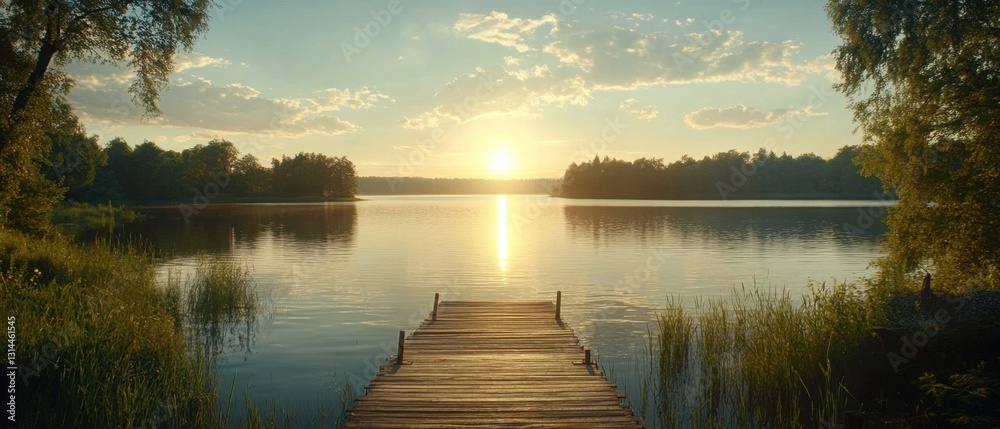 Serene lake landscape reflecting golden sunset light on tranquil water with wooden pier and lush green trees creating a peaceful nature scene