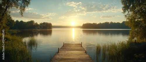 Obraz na płótnie Serene lake landscape reflecting golden sunset light on tranquil water with wooden pier and lush green trees creating a peaceful nature scene w salonie