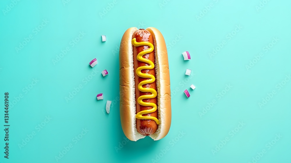 Delicious hot dog topped with mustard served against a vibrant turquoise backdrop for a playful culinary experience Delicious hot dog topped with mustard served against a vibrant turquoise backdrop for a playful culinary experience