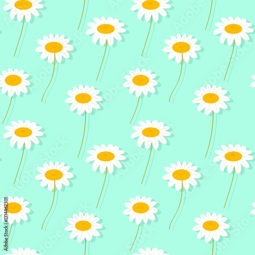 Seamless pattern with field of chamomile flowers, texture, Bouquet of wildflowers, vector illustration.