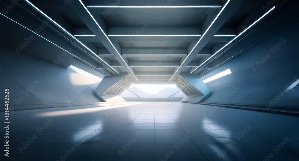 A bright, empty futuristic hall featuring geometric shapes, sharp angles, and modern minimalist design in blue-grey tones, illuminated by linear lights. A bright, empty futuristic hall featuring geometric shapes, sharp angles, and modern minimalist design in blue-grey tones, illuminated by linear lights.