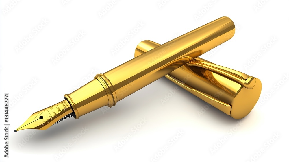 Gold fountain pen, cap off, white background, elegant writing Gold fountain pen, cap off, white background, elegant writing