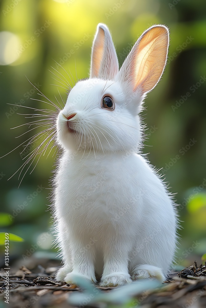 Adorable white rabbit sitting in a natural forest setting, a cute Easter bunny Adorable white rabbit sitting in a natural forest setting, a cute Easter bunny