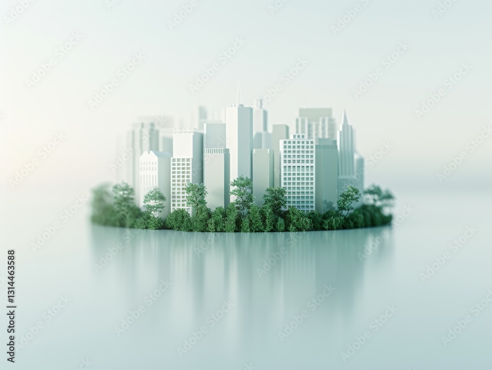 Fototapeta premium A serene urban landscape featuring towering buildings surrounded by lush greenery, reflecting tranquility and modern design.