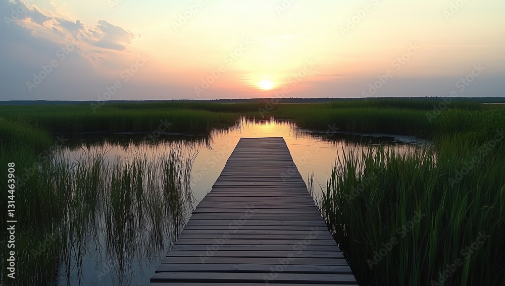 Naklejka premium boardwalk at a coastal marsh sunset tranquility, ease of access, and a strong bond between visitors and surrounding natural environment, including marsh grasses and aquatic life
