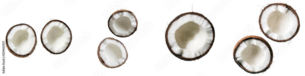 Half open, this coconut exposes its inner white flesh and outer brown shell, captured as a png with a transparent background for isolation Half open, this coconut exposes its inner white flesh and outer brown shell, captured as a png with a transparent background for isolation