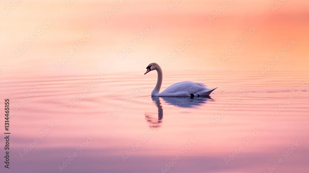 Fototapeta premium graceful swan gliding on pastel pink lake at sunrise