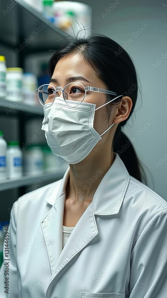 Young female scientist in white coat and protective mask working in pharmaceutical laboratory Young female scientist in white coat and protective mask working in pharmaceutical laboratory