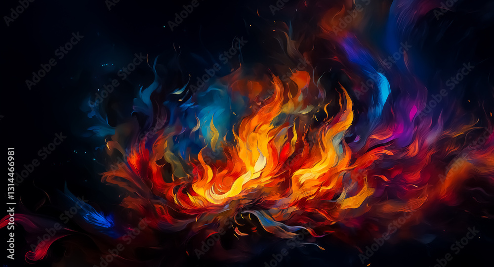 Fototapeta premium Vibrant flames dance against the dark backdrop in a burst of fiery hues. An abstract display of energy and warmth through colorful artistic strokes.