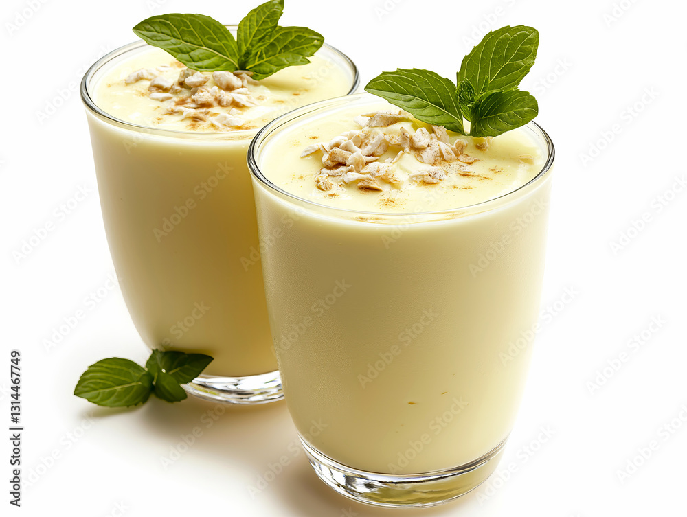 Refreshing Indian lassi made with yogurt and garnished with mint and nuts served in glasses on white. Two glasses of chilled lassi showcase creamy yogurt drink topped with mint leaves and chopped nuts Refreshing Indian lassi made with yogurt and garnished with mint and nuts served in glasses on white. Two glasses of chilled lassi showcase creamy yogurt drink topped with mint leaves and chopped nuts