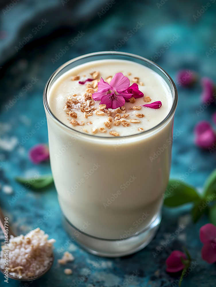 Refreshing lassi prepared with yogurt and garnished with flower petals served in a clear glass on a colorful surface. Glass of creamy lassi, creamy yogurt drink, topped with flower petals and oats Refreshing lassi prepared with yogurt and garnished with flower petals served in a clear glass on a colorful surface. Glass of creamy lassi, creamy yogurt drink, topped with flower petals and oats