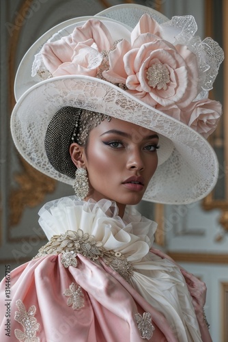 close-up of a model wearing an exquisite vintage-inspired outfit with a large, intricately designed hat and a high-collared blouse embellished. The ensemble showcasing a luxurious and sophisticated st
