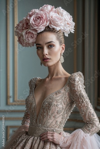 close-up of a model wearing an exquisite vintage-inspired outfit with a large, intricately designed hat and a high-collared blouse embellished. The ensemble showcasing a luxurious and sophisticated st