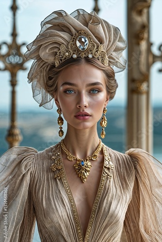 close-up of a model wearing an exquisite vintage-inspired outfit with a large, intricately designed hat and a high-collared blouse embellished. The ensemble showcasing a luxurious and sophisticated st