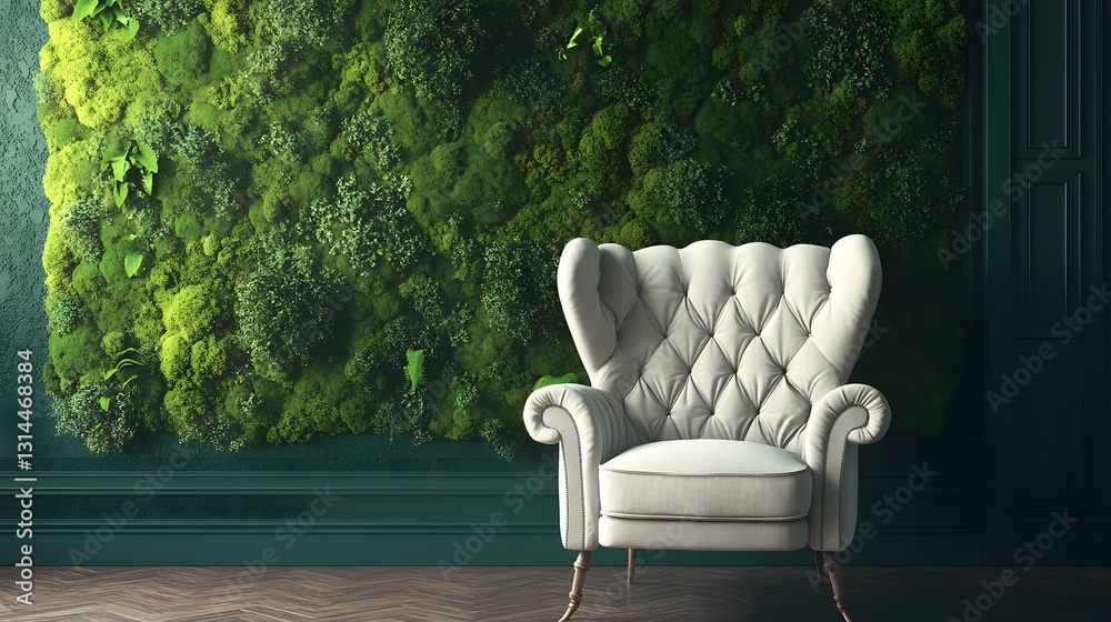 Fototapeta premium Elegant Plush Armchair Positioned Against Lush Green Wall in Stylish Interior Setting