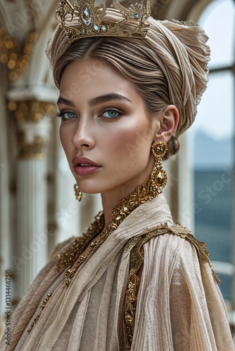 close-up of a model wearing an exquisite vintage-inspired outfit with a large, intricately designed hat and a high-collared blouse embellished. The ensemble showcasing a luxurious and sophisticated st