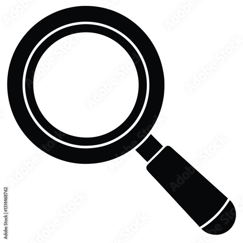 magnifying glass icon, black and white, simple design, flat graphic, minimalist illustration, search symbol, detective tool, circular lens, sturdy handle, vector art, high contrast, 