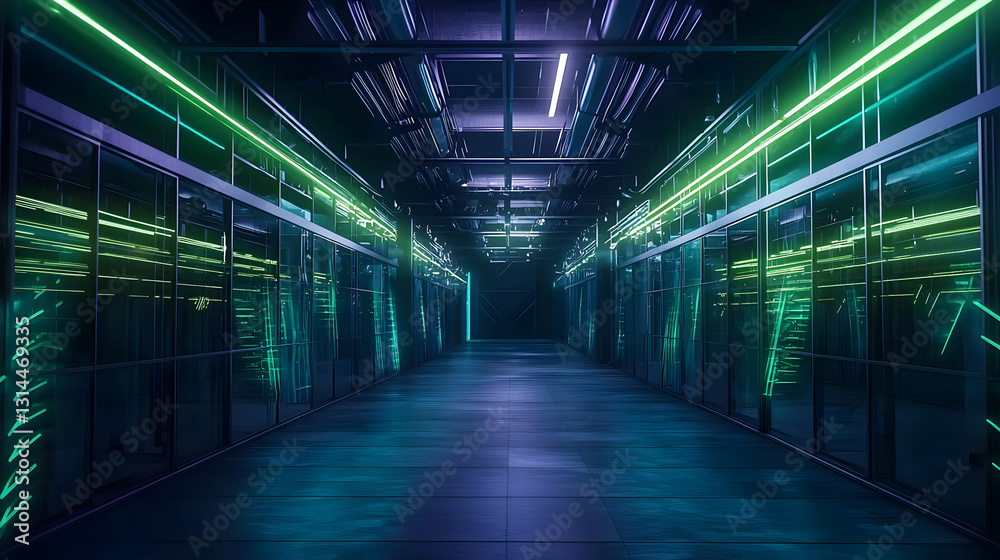 Futuristic Server Room With Neon Green And Blue Lights Reflecting On Glass Panels In Dark Hallway With Concrete Floor Futuristic Server Room With Neon Green And Blue Lights Reflecting On Glass Panels In Dark Hallway With Concrete Floor