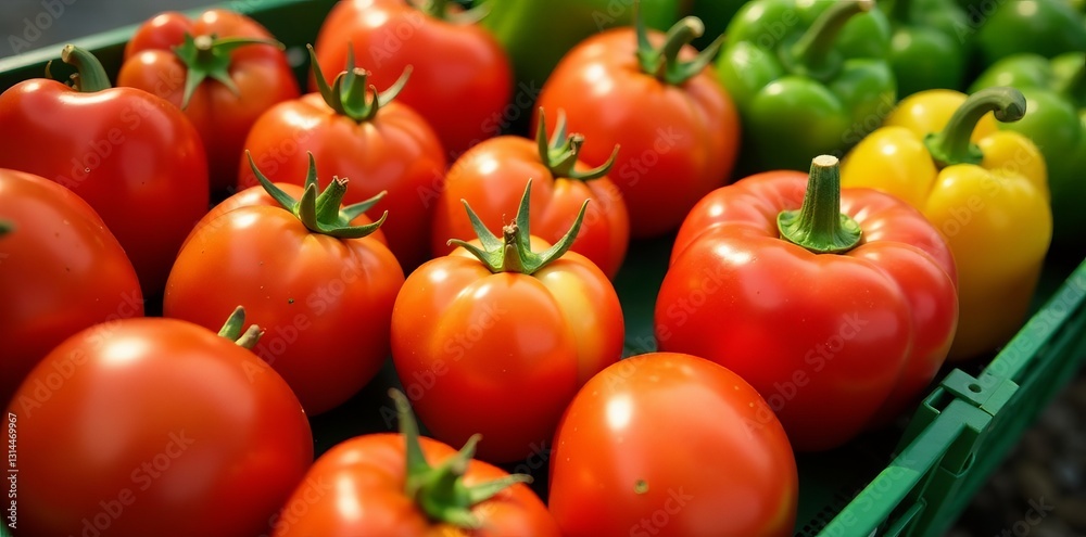 Close-up of ripe tomatoes and bell peppers at farmers market, vibrant, farm-fresh Close-up of ripe tomatoes and bell peppers at farmers market, vibrant, farm-fresh