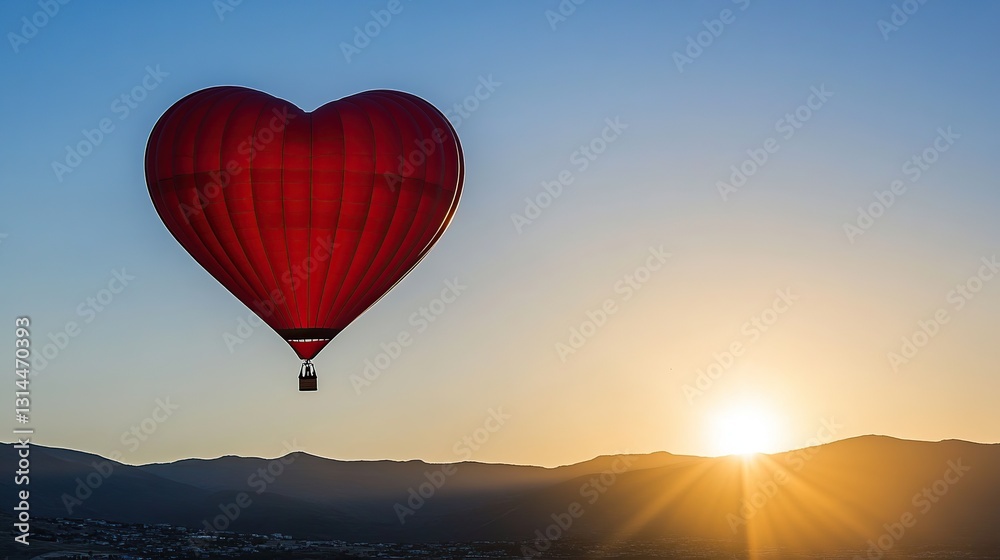 Fototapeta premium Heart-shaped balloon sunrise flight, mountains, romance