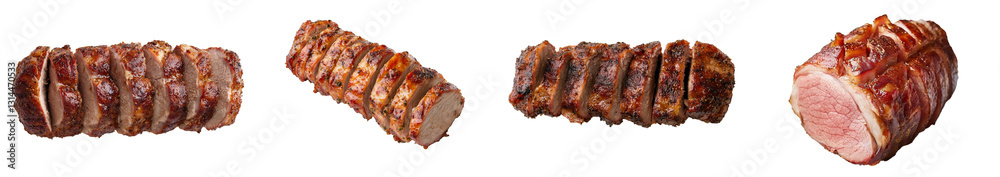 A close-up photograph of roast pork loin slices emphasizes the tender and juicy texture of the meat, making it perfect for culinary and food content, isolated on a transparent png background A close-up photograph of roast pork loin slices emphasizes the tender and juicy texture of the meat, making it perfect for culinary and food content, isolated on a transparent png background