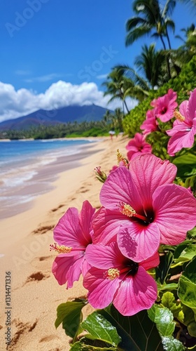 Wallpaper Mural Tropical beach paradise with vibrant hibiscus flowers azure sea and distant mountain under a sunny blue sky offering a serene vacation escape Torontodigital.ca