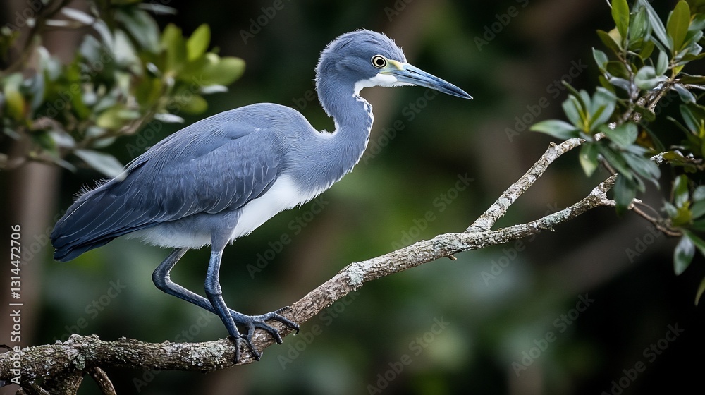 Fototapeta premium Juvenile Heron Perched on Branch, Green Foliage