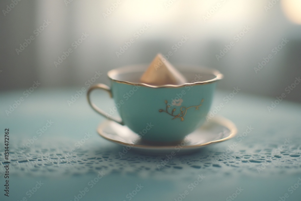 Fototapeta premium vintage teacup with gold rim on pastel tablecloth