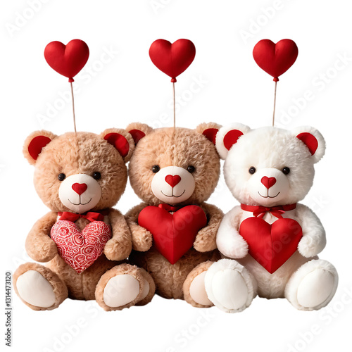 The Cutest Teddy Bear Trio Holding Different Red Heart Designs on transparent background